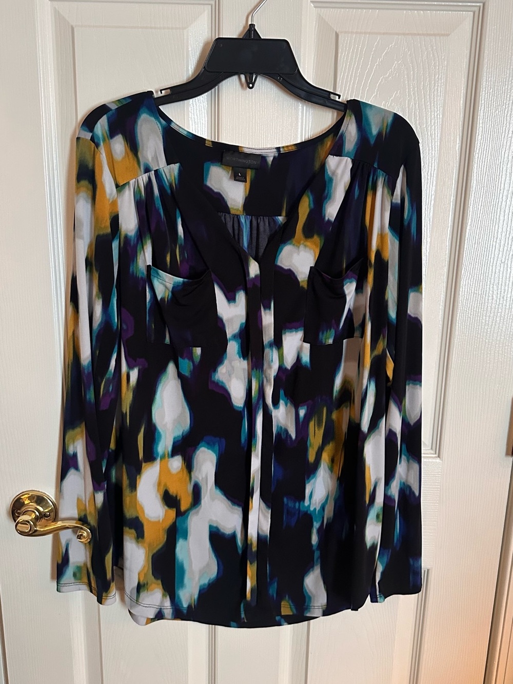 Worthington Black Multi Abstract Print Long-Sleeve Blouse
